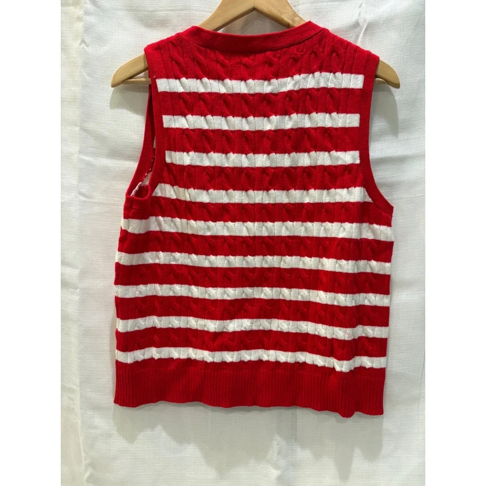 WIHOLL Red White Striped Cable Knit Button Front Sweater Vest V-Neck Large - Picture 6 of 7